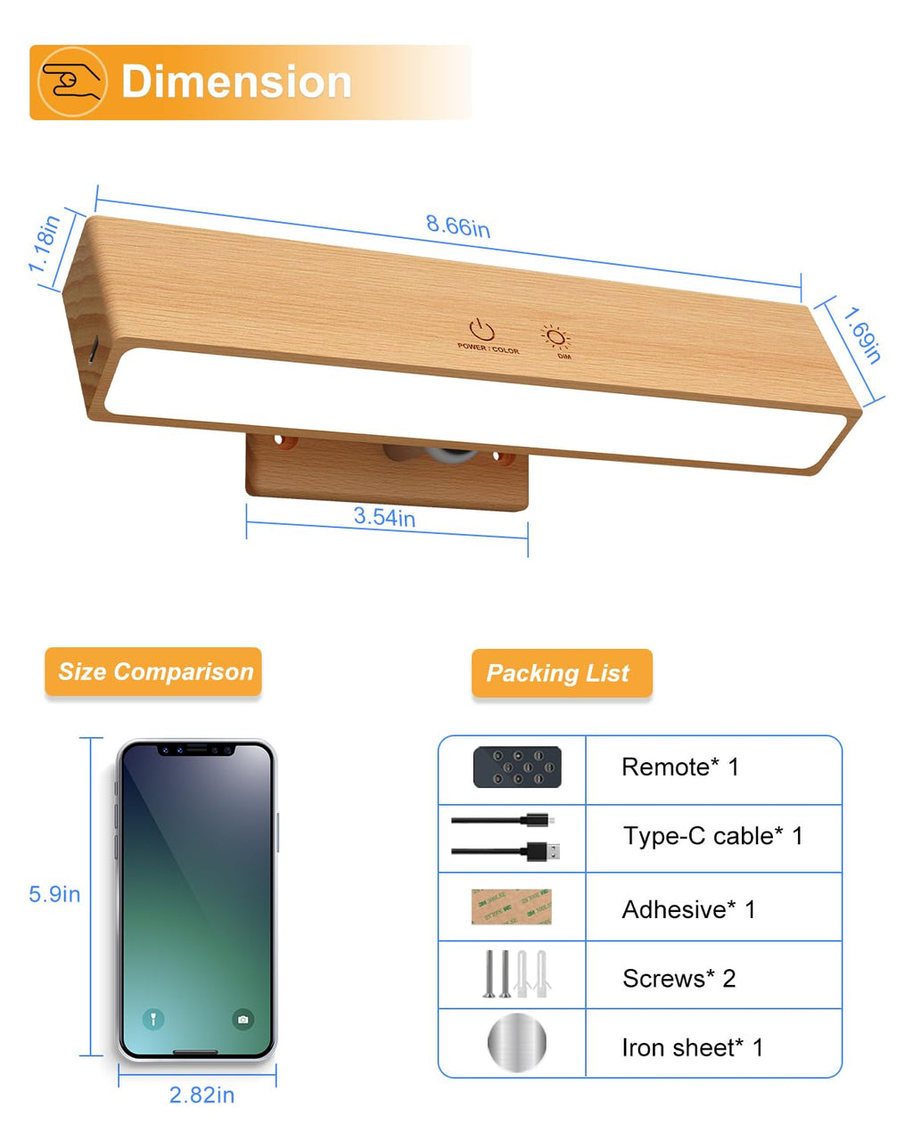 DetarZinLED Wooden Wireless Wall Light with Remote or Touch Control, USB Rechargeable, 3 Color Temperatures & RGB, Dimmable, 360° Rotating, LED Indoor Lamp for Bedside, Bedroom, Living Room