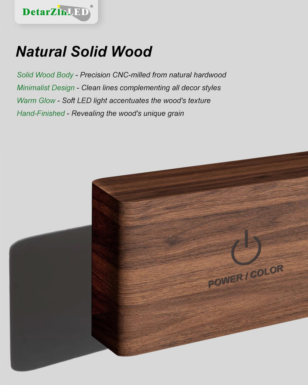 DetarZinLED Wooden Wireless Wall Light with Remote or Touch Control, USB Rechargeable, 3 Color Temperatures & RGB, Dimmable, 360° Rotating, LED Indoor Lamp for Bedside, Bedroom, Living Room