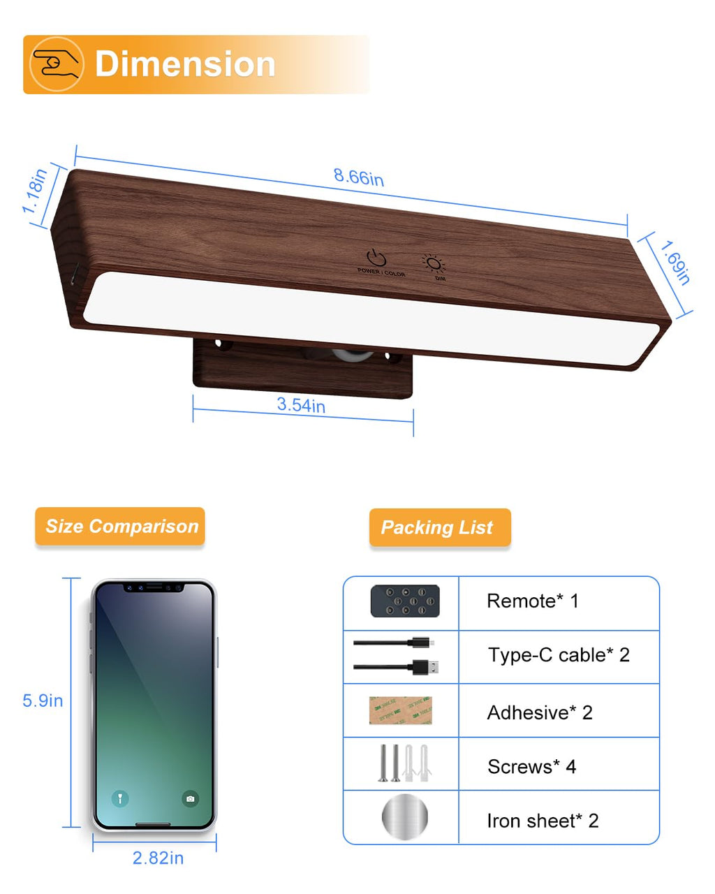 DetarZinLED Wooden Wireless Wall Light with Remote or Touch Control, USB Rechargeable, 3 Color Temperatures & RGB, Dimmable, 360° Rotating, LED Indoor Lamp for Bedside, Bedroom, Living Room