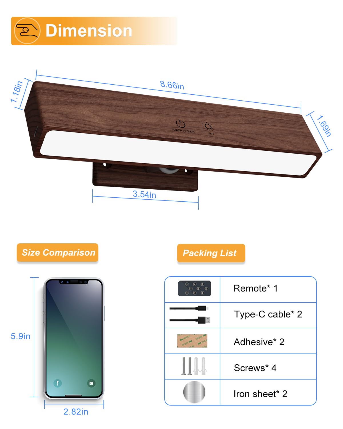 DetarZinLED Wooden Wireless Wall Light with Remote or Touch Control, USB Rechargeable, 3 Color Temperatures & RGB, Dimmable, 360° Rotating, LED Indoor Lamp for Bedside, Bedroom, Living Room