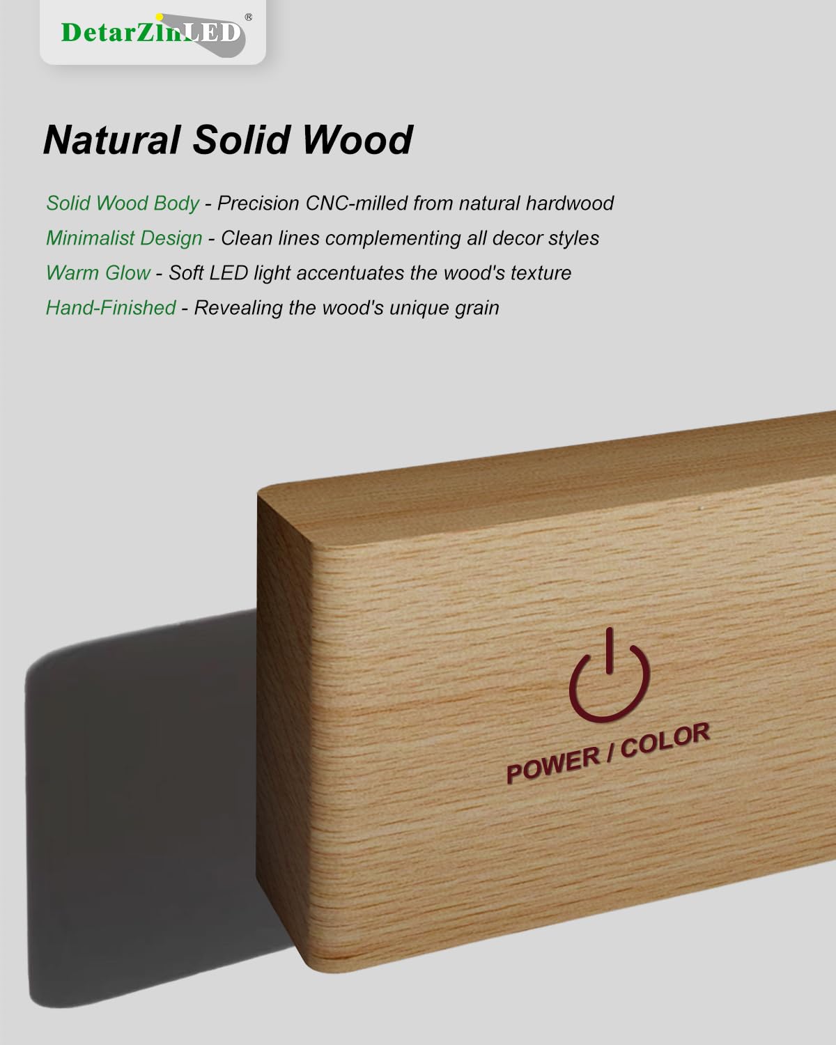 DetarZinLED Wooden Wireless Wall Light with Remote or Touch Control, USB Rechargeable, 3 Color Temperatures & RGB, Dimmable, 360° Rotating, LED Indoor Lamp for Bedside, Bedroom, Living Room