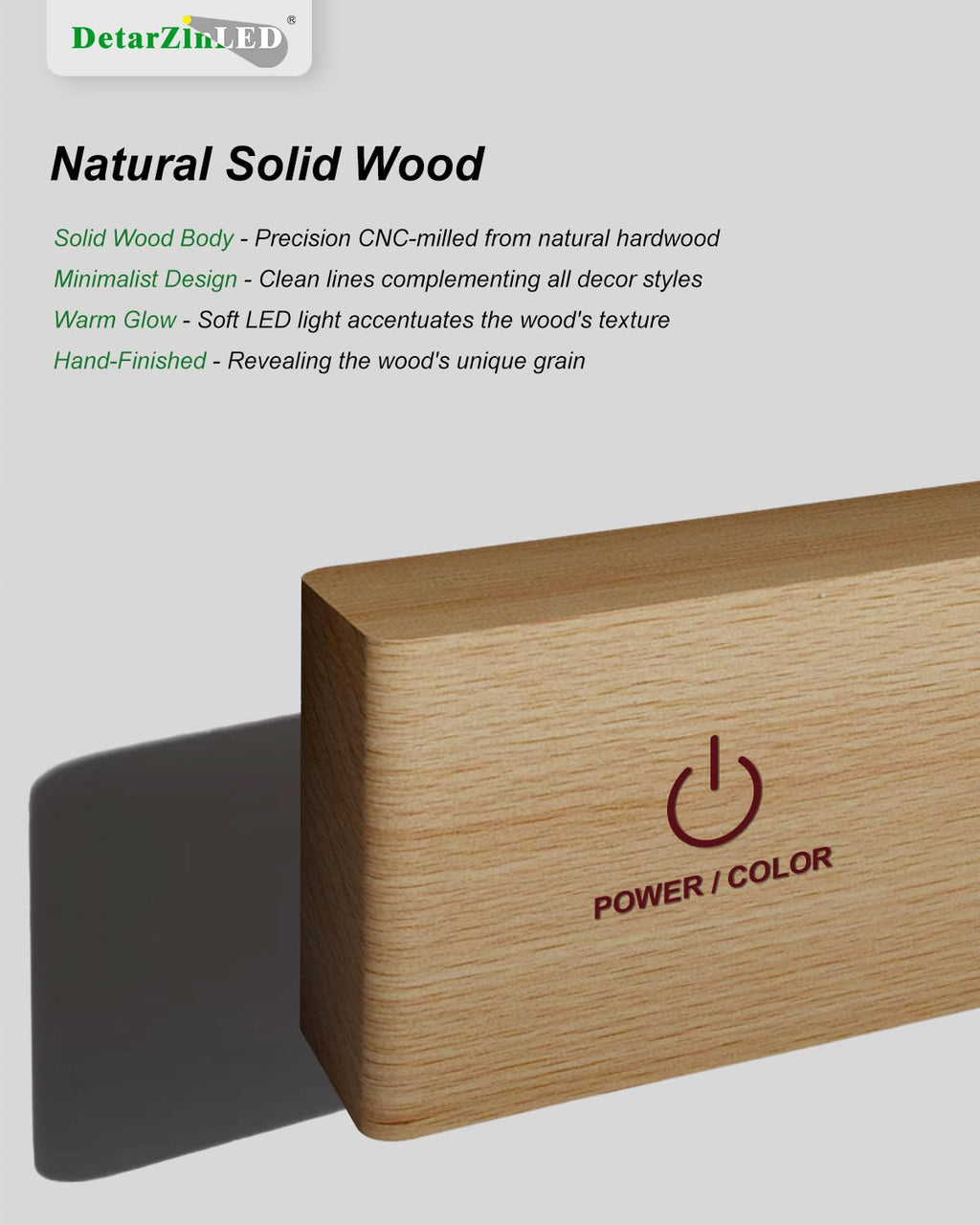 DetarZinLED Wooden Wireless Wall Light with Remote or Touch Control, USB Rechargeable, 3 Color Temperatures & RGB, Dimmable, 360° Rotating, LED Indoor Lamp for Bedside, Bedroom, Living Room