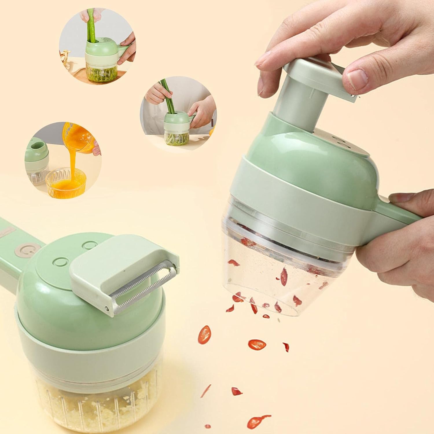 Portable 4-in-1 Electric Vegetable Cutter | Portable Cordless Electric Vegetable Chopper | Veggie Food Chopper Slicer for Garlic, Pepper, Chili, Onion, Celery, and Veggies