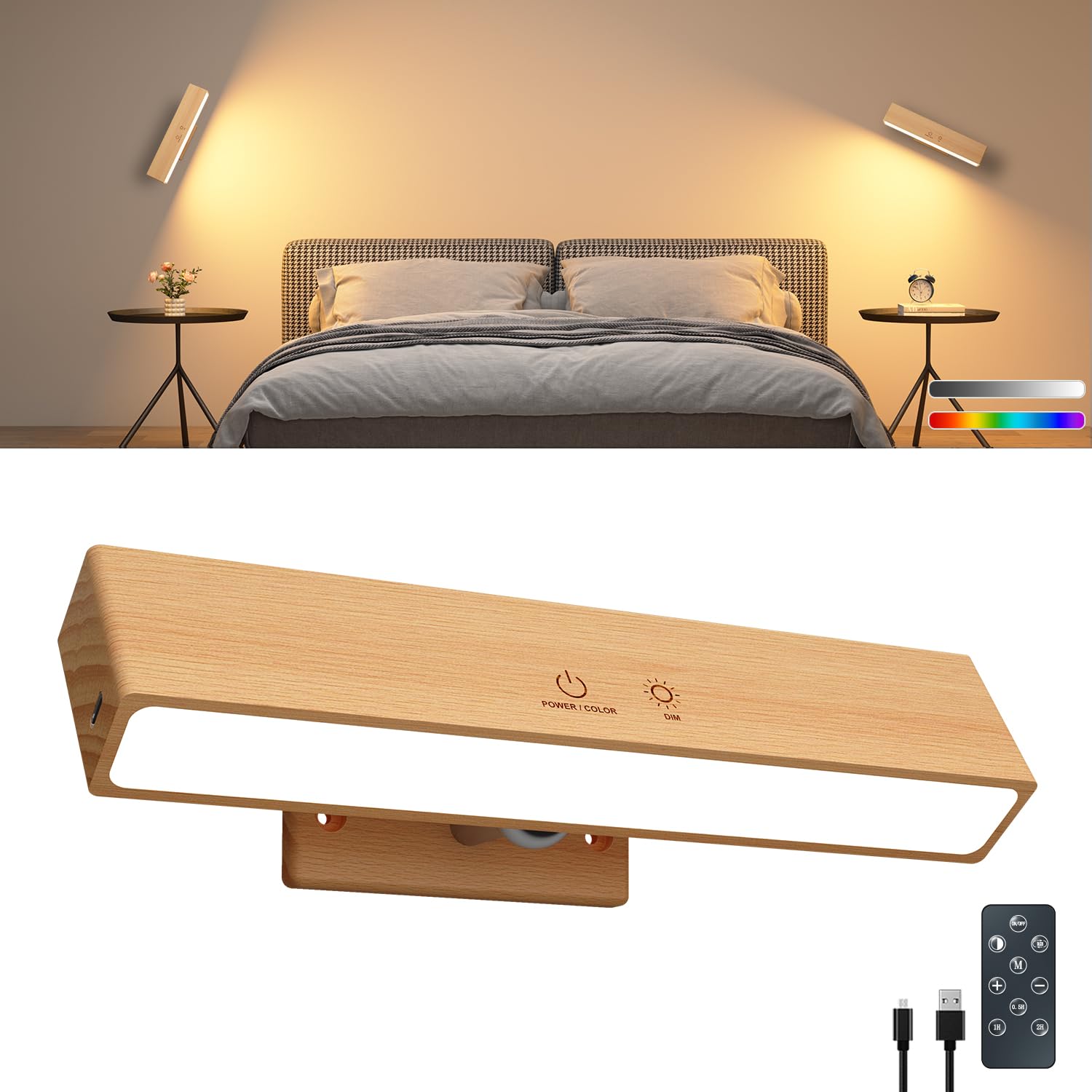 DetarZinLED Wooden Wireless Wall Light with Remote or Touch Control, USB Rechargeable, 3 Color Temperatures & RGB, Dimmable, 360° Rotating, LED Indoor Lamp for Bedside, Bedroom, Living Room