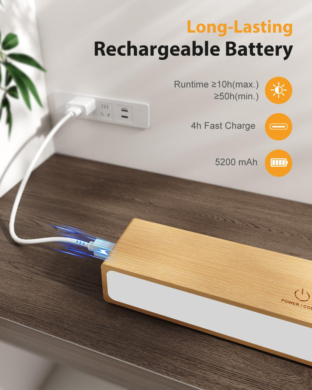 DetarZinLED Wooden Wireless Wall Light with Remote or Touch Control, USB Rechargeable, 3 Color Temperatures & RGB, Dimmable, 360° Rotating, LED Indoor Lamp for Bedside, Bedroom, Living Room