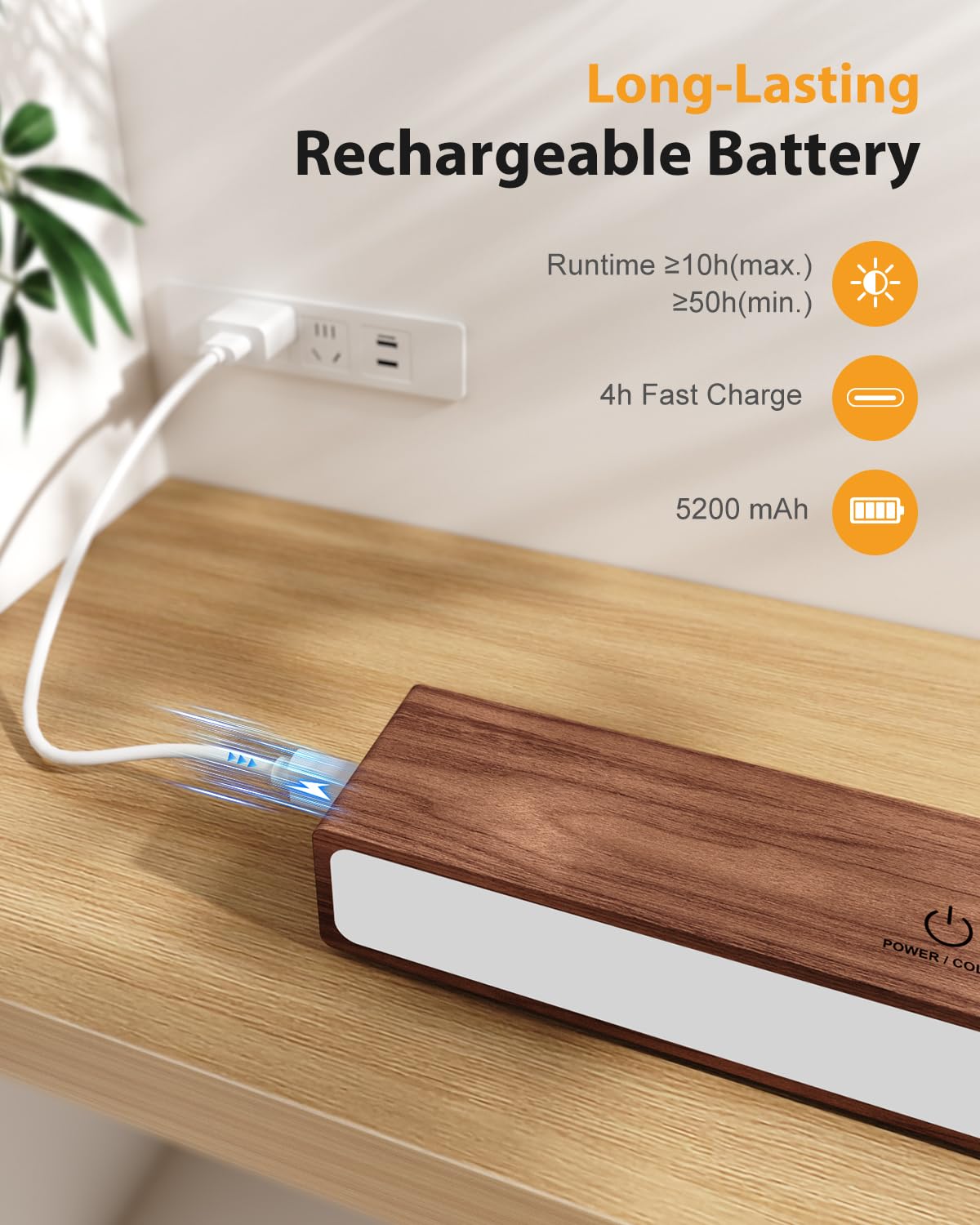DetarZinLED Wooden Wireless Wall Light with Remote or Touch Control, USB Rechargeable, 3 Color Temperatures & RGB, Dimmable, 360° Rotating, LED Indoor Lamp for Bedside, Bedroom, Living Room