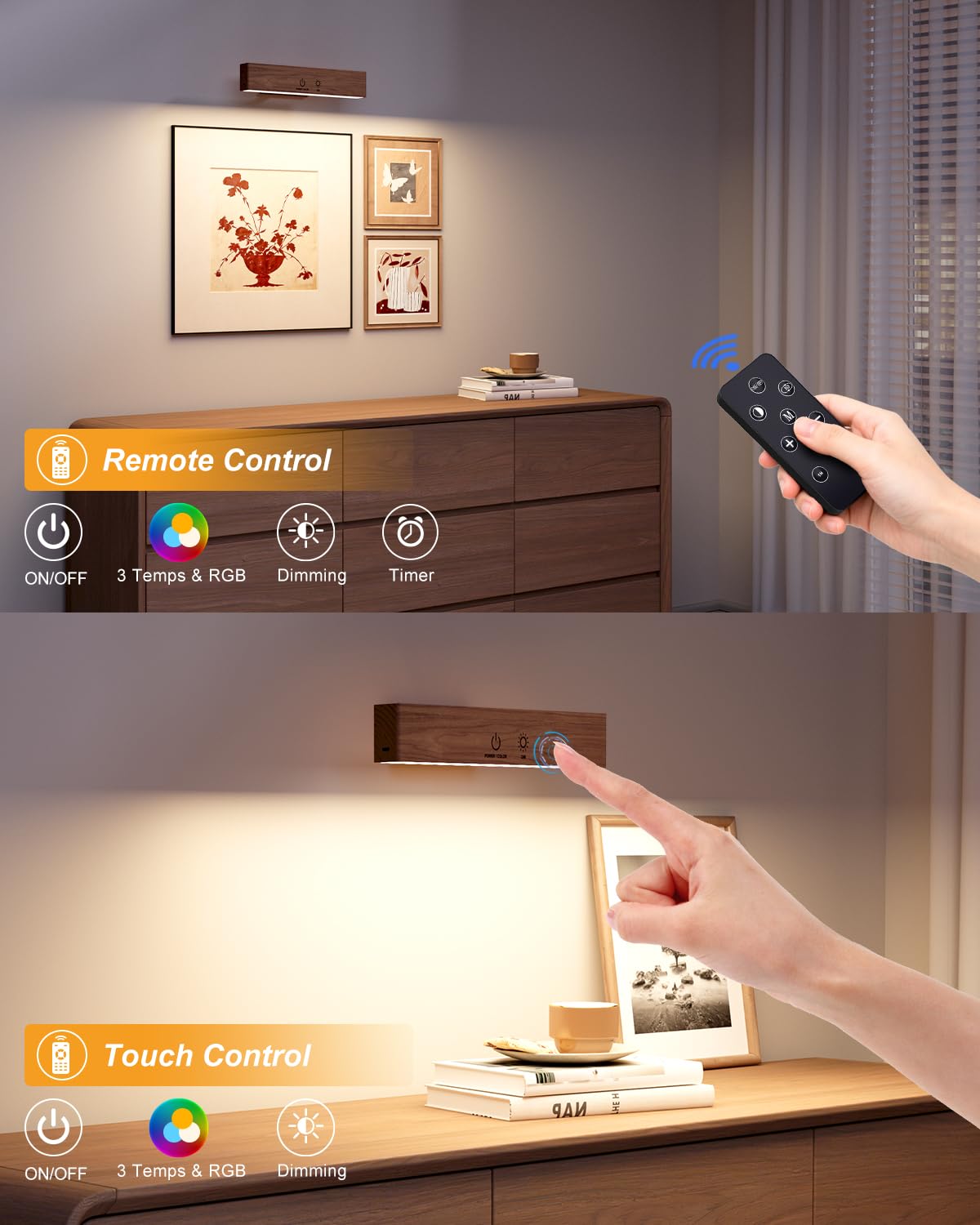 DetarZinLED Wooden Wireless Wall Light with Remote or Touch Control, USB Rechargeable, 3 Color Temperatures & RGB, Dimmable, 360° Rotating, LED Indoor Lamp for Bedside, Bedroom, Living Room