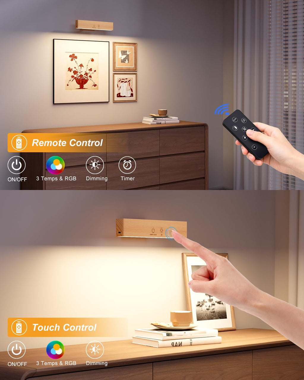 DetarZinLED Wooden Wireless Wall Light with Remote or Touch Control, USB Rechargeable, 3 Color Temperatures & RGB, Dimmable, 360° Rotating, LED Indoor Lamp for Bedside, Bedroom, Living Room