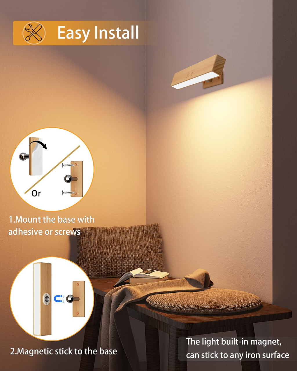 DetarZinLED Wooden Wireless Wall Light with Remote or Touch Control, USB Rechargeable, 3 Color Temperatures & RGB, Dimmable, 360° Rotating, LED Indoor Lamp for Bedside, Bedroom, Living Room