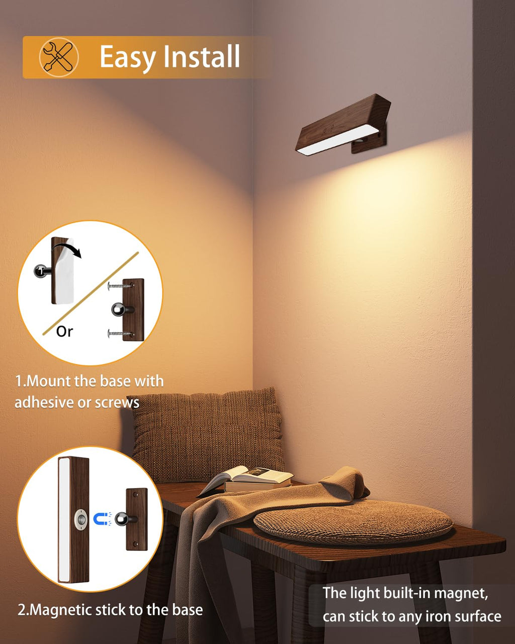 DetarZinLED Wooden Wireless Wall Light with Remote or Touch Control, USB Rechargeable, 3 Color Temperatures & RGB, Dimmable, 360° Rotating, LED Indoor Lamp for Bedside, Bedroom, Living Room