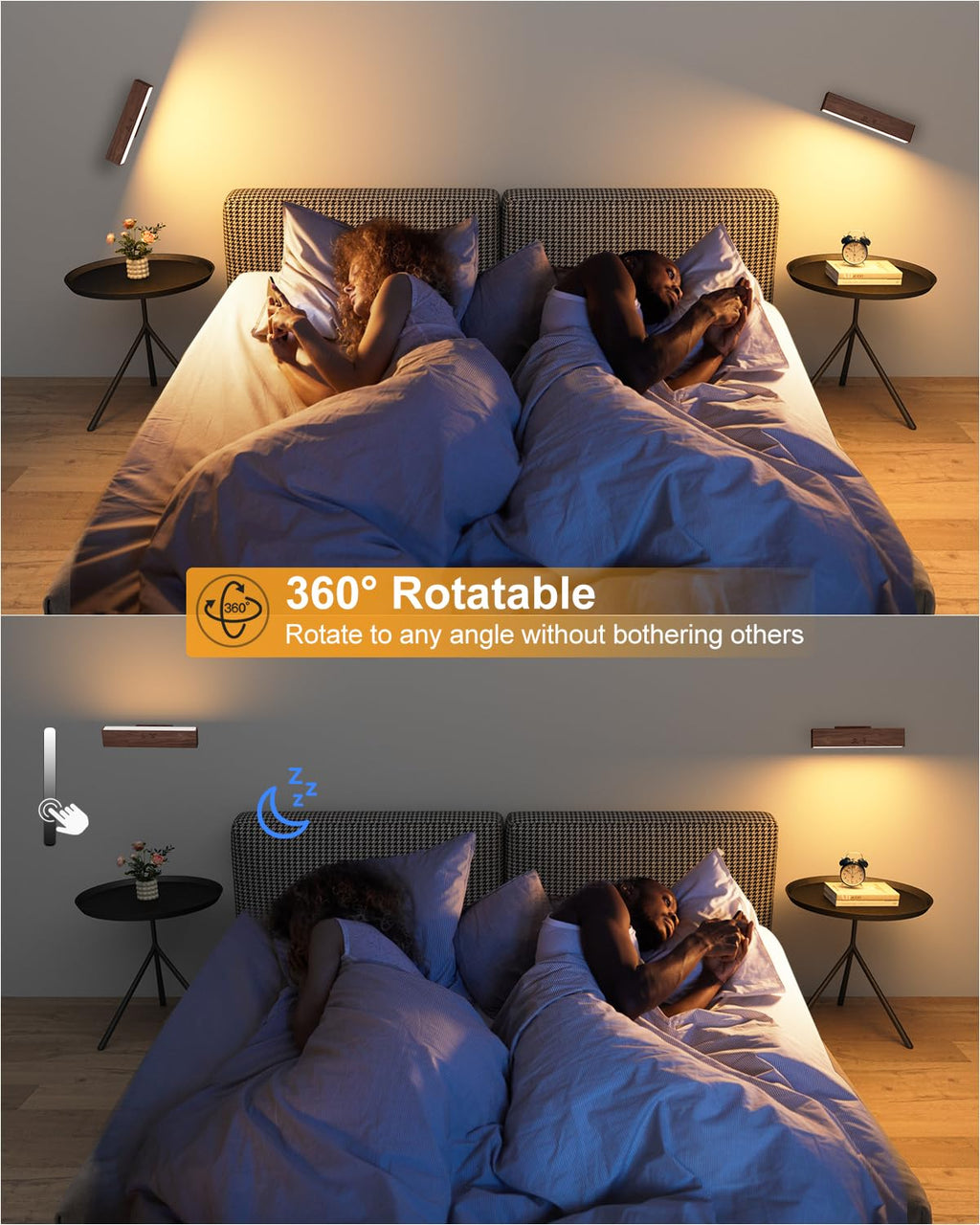 DetarZinLED Wooden Wireless Wall Light with Remote or Touch Control, USB Rechargeable, 3 Color Temperatures & RGB, Dimmable, 360° Rotating, LED Indoor Lamp for Bedside, Bedroom, Living Room