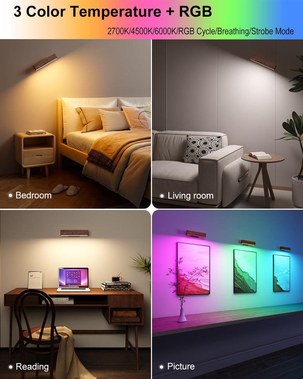 DetarZinLED Wooden Wireless Wall Light with Remote or Touch Control, USB Rechargeable, 3 Color Temperatures & RGB, Dimmable, 360° Rotating, LED Indoor Lamp for Bedside, Bedroom, Living Room