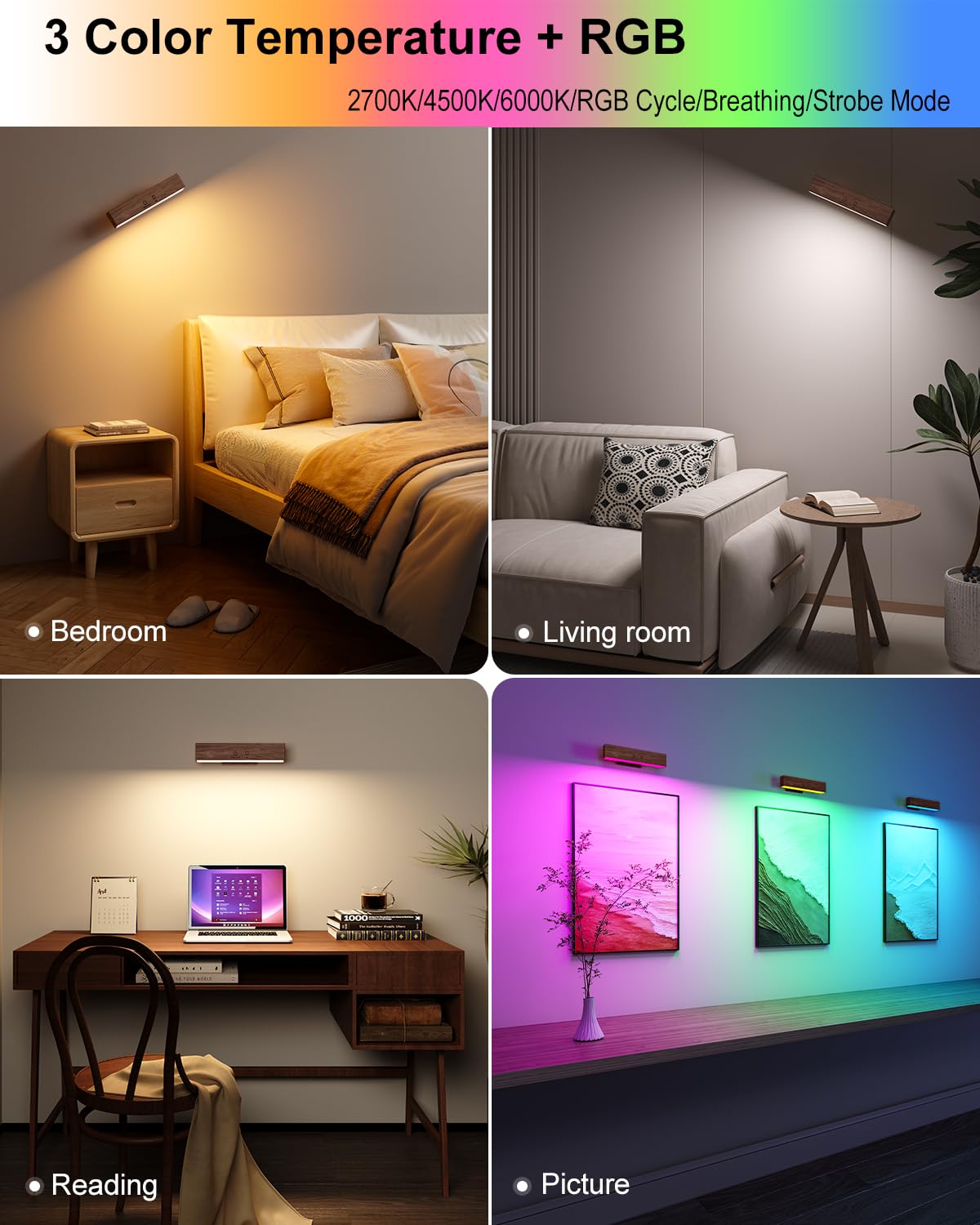 DetarZinLED Wooden Wireless Wall Light with Remote or Touch Control, USB Rechargeable, 3 Color Temperatures & RGB, Dimmable, 360° Rotating, LED Indoor Lamp for Bedside, Bedroom, Living Room