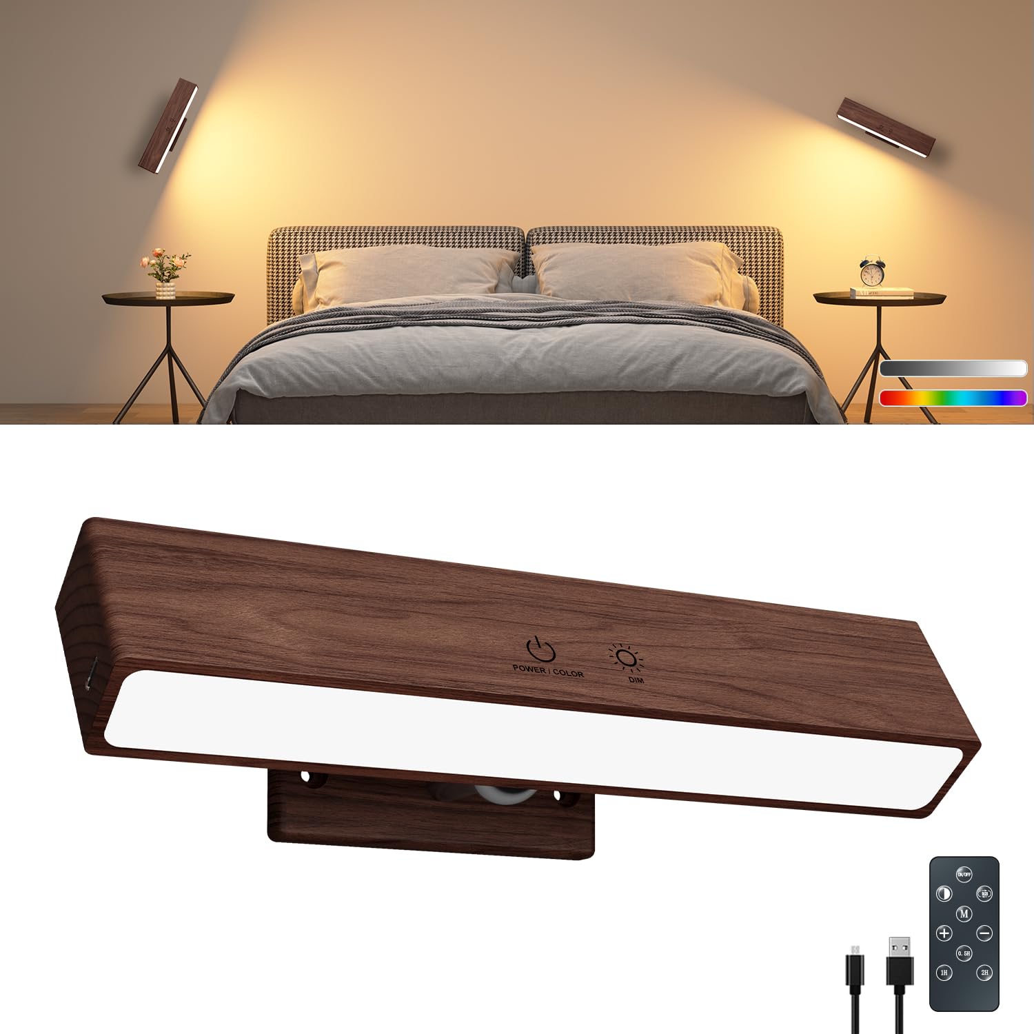 DetarZinLED Wooden Wireless Wall Light with Remote or Touch Control, USB Rechargeable, 3 Color Temperatures & RGB, Dimmable, 360° Rotating, LED Indoor Lamp for Bedside, Bedroom, Living Room