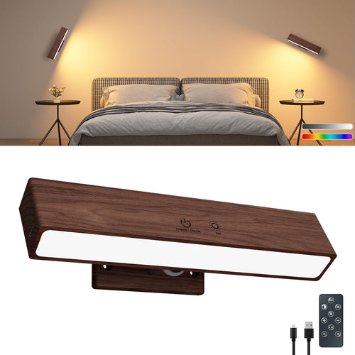DetarZinLED Wooden Wireless Wall Light with Remote or Touch Control, USB Rechargeable, 3 Color Temperatures & RGB, Dimmable, 360° Rotating, LED Indoor Lamp for Bedside, Bedroom, Living Room