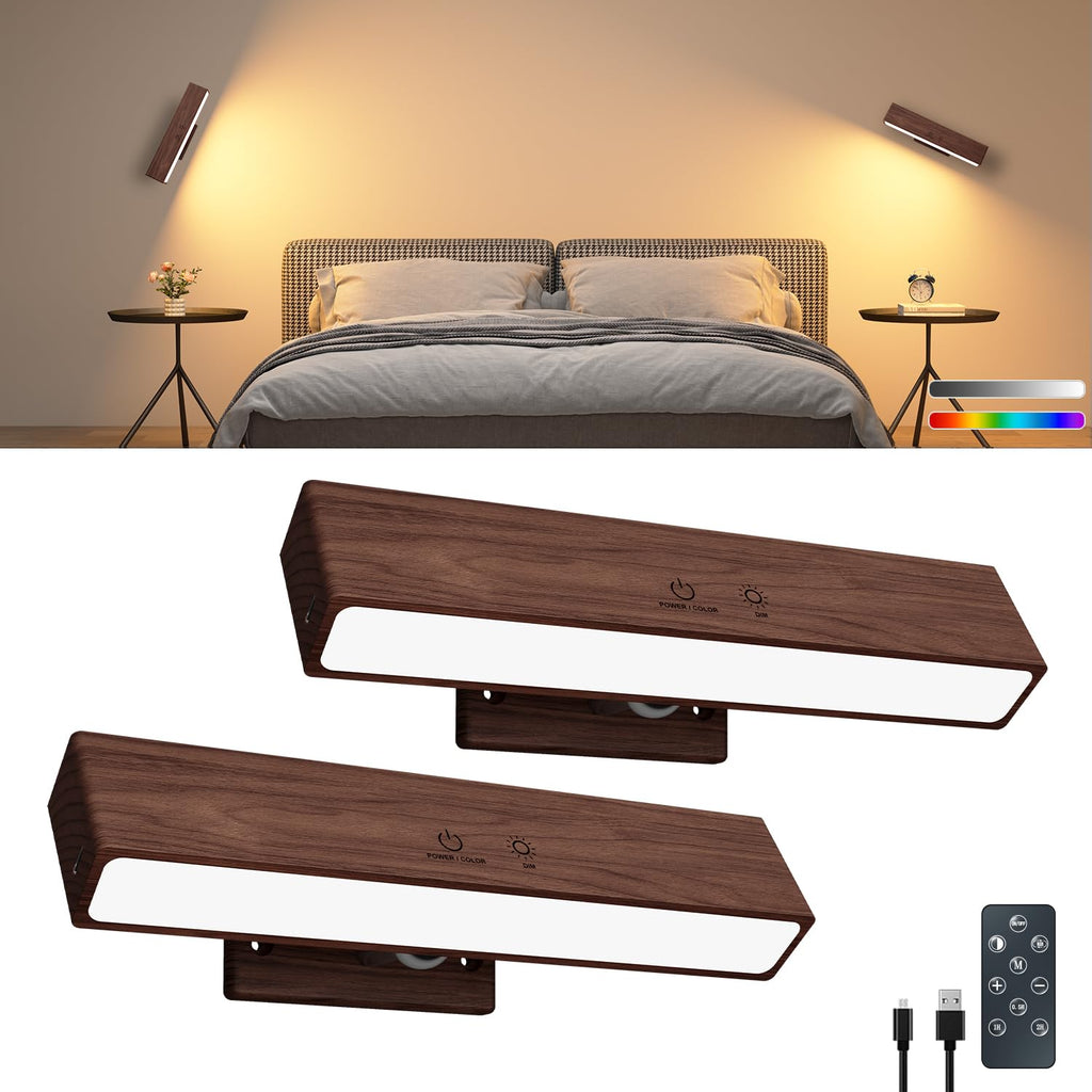 DetarZinLED Wooden Wireless Wall Light with Remote or Touch Control, USB Rechargeable, 3 Color Temperatures & RGB, Dimmable, 360° Rotating, LED Indoor Lamp for Bedside, Bedroom, Living Room