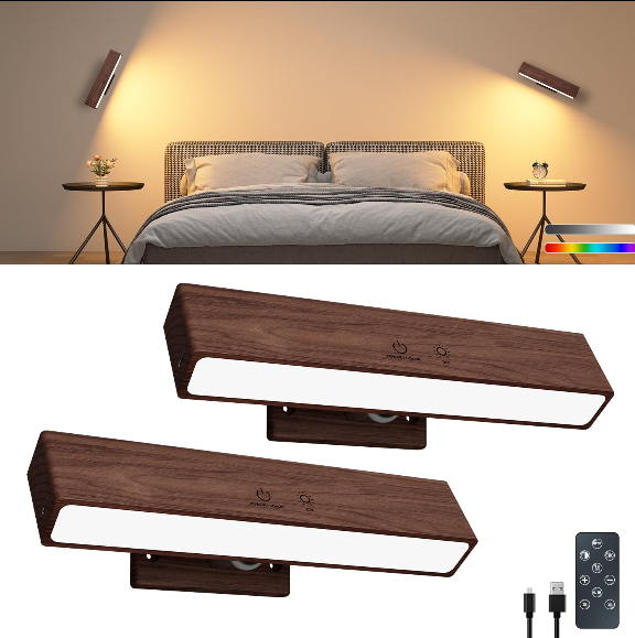 DetarZinLED Wooden Wireless Wall Light with Remote or Touch Control, USB Rechargeable, 3 Color Temperatures & RGB, Dimmable, 360° Rotating, LED Indoor Lamp for Bedside, Bedroom, Living Room