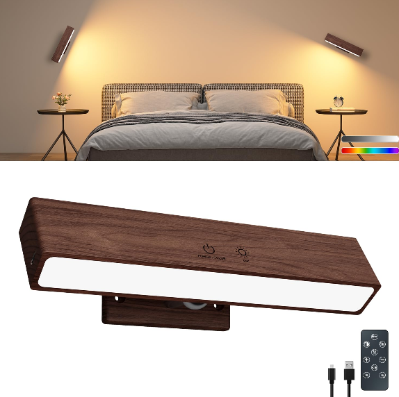 DetarZinLED Wooden Wireless Wall Light with Remote or Touch Control, USB Rechargeable, 3 Color Temperatures & RGB, Dimmable, 360° Rotating, LED Indoor Lamp for Bedside, Bedroom, Living Room