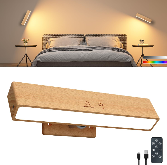 DetarZinLED Wooden Wireless Wall Light with Remote or Touch Control, USB Rechargeable, 3 Color Temperatures & RGB, Dimmable, 360° Rotating, LED Indoor Lamp for Bedside, Bedroom, Living Room