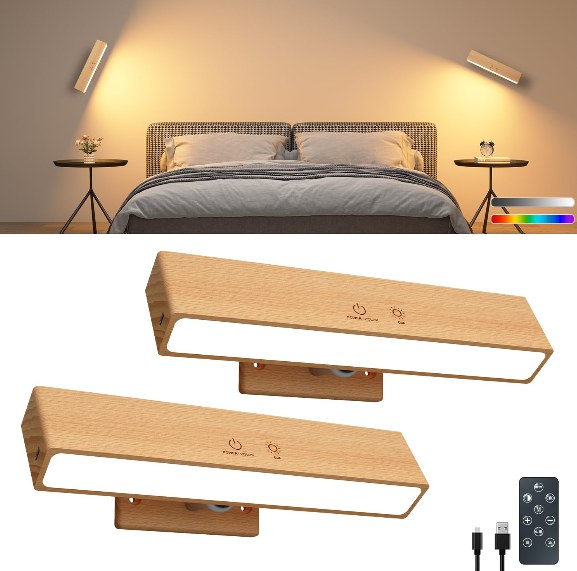 DetarZinLED Wooden Wireless Wall Light with Remote or Touch Control, USB Rechargeable, 3 Color Temperatures & RGB, Dimmable, 360° Rotating, LED Indoor Lamp for Bedside, Bedroom, Living Room