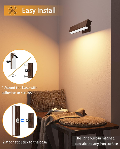 DetarZinLED Wooden Wireless Wall Light with Remote or Touch Control, USB Rechargeable, 3 Color Temperatures & RGB, Dimmable, 360° Rotating, LED Indoor Lamp for Bedside, Bedroom, Living Room
