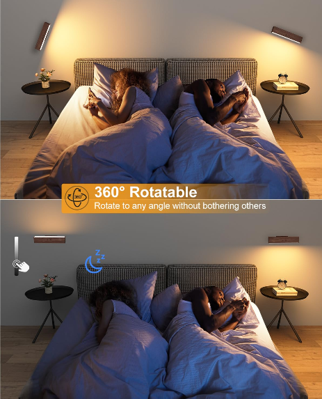 DetarZinLED Wooden Wireless Wall Light with Remote or Touch Control, USB Rechargeable, 3 Color Temperatures & RGB, Dimmable, 360° Rotating, LED Indoor Lamp for Bedside, Bedroom, Living Room