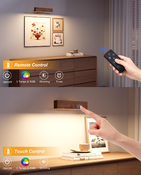 DetarZinLED Wooden Wireless Wall Light with Remote or Touch Control, USB Rechargeable, 3 Color Temperatures & RGB, Dimmable, 360° Rotating, LED Indoor Lamp for Bedside, Bedroom, Living Room