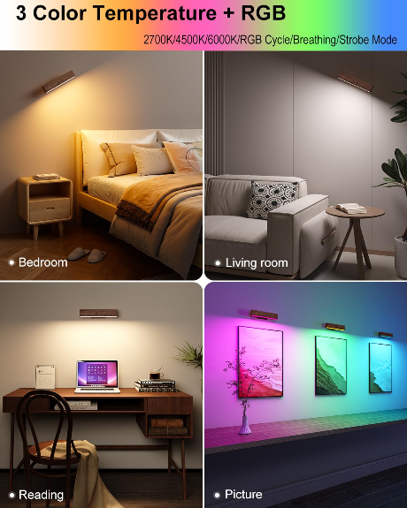 DetarZinLED Wooden Wireless Wall Light with Remote or Touch Control, USB Rechargeable, 3 Color Temperatures & RGB, Dimmable, 360° Rotating, LED Indoor Lamp for Bedside, Bedroom, Living Room